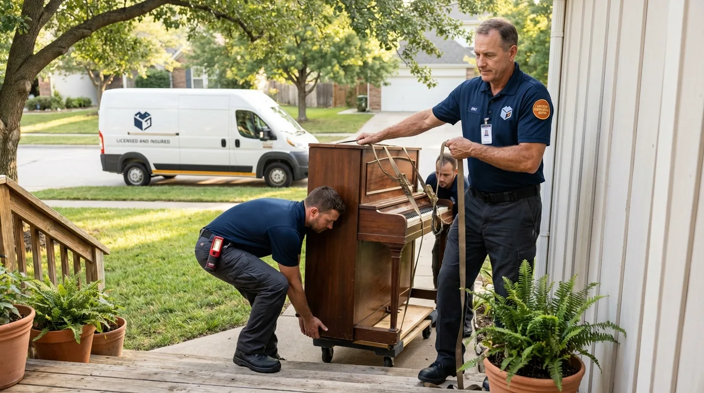 Licensed piano movers securing grand piano in Elwood, NJ