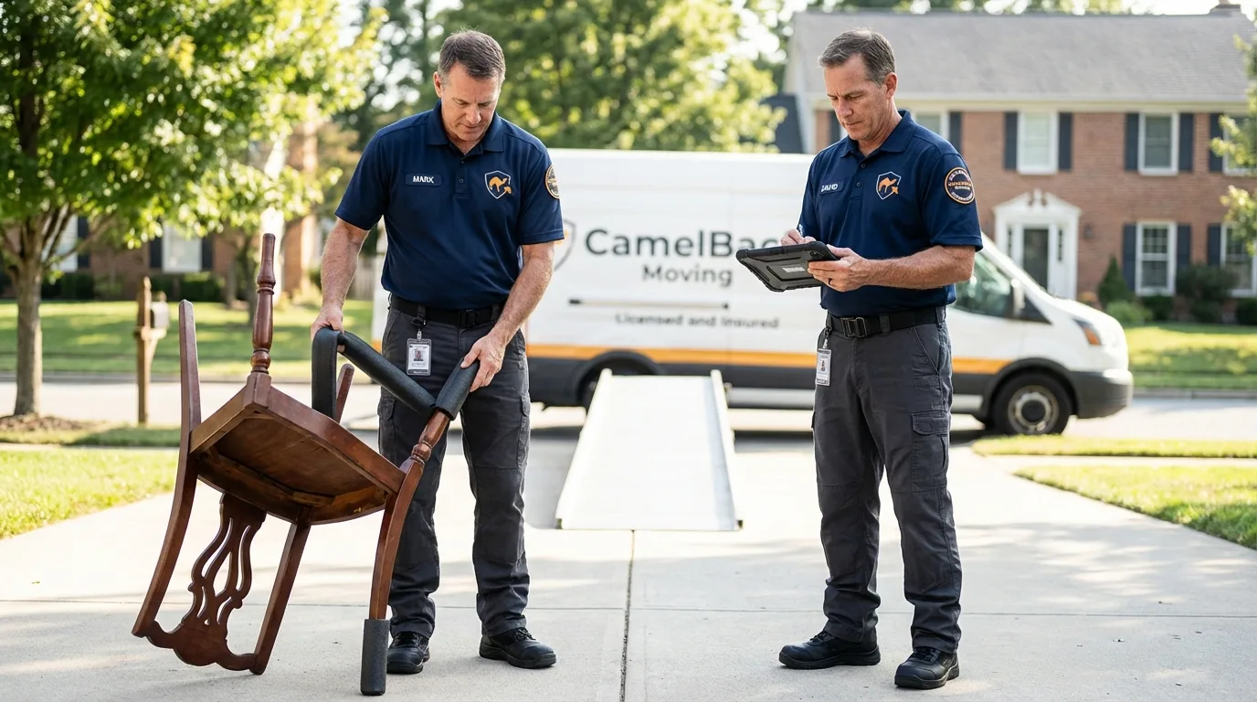 Movers inspecting furniture for damage prevention before loading in Elwood, NJ