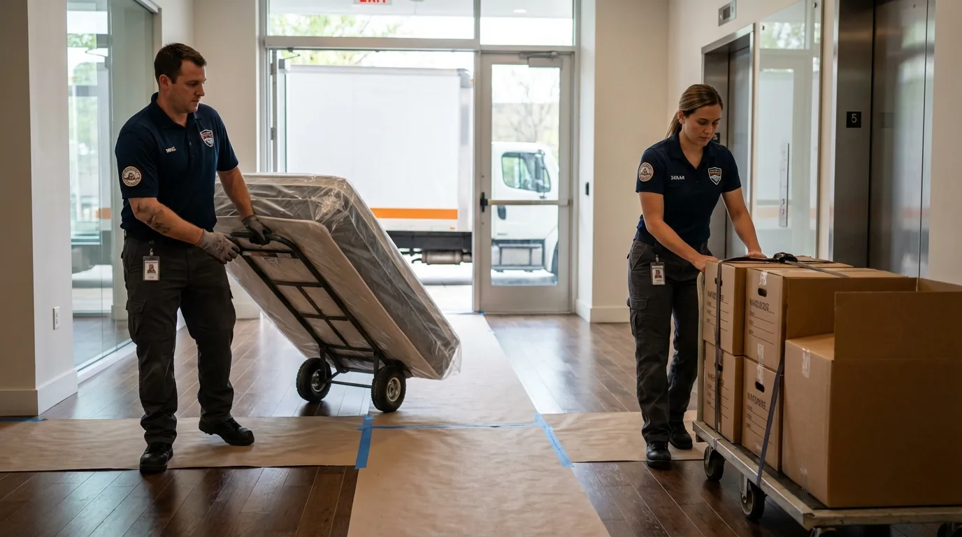 Professional apartment movers loading elevator in Elwood, NJ