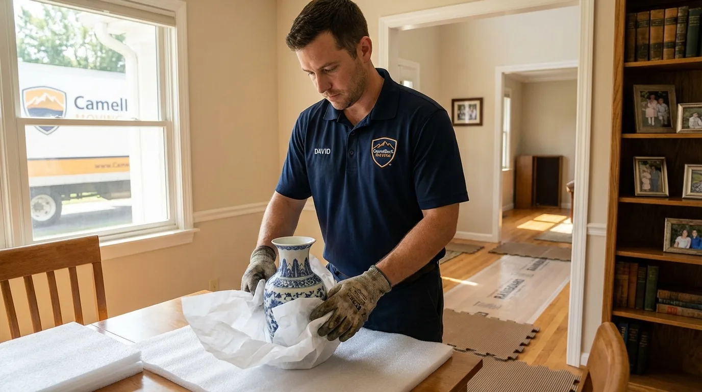 Professional crew carefully wrapping antique vase for senior downsizing move in Elwood, NJ